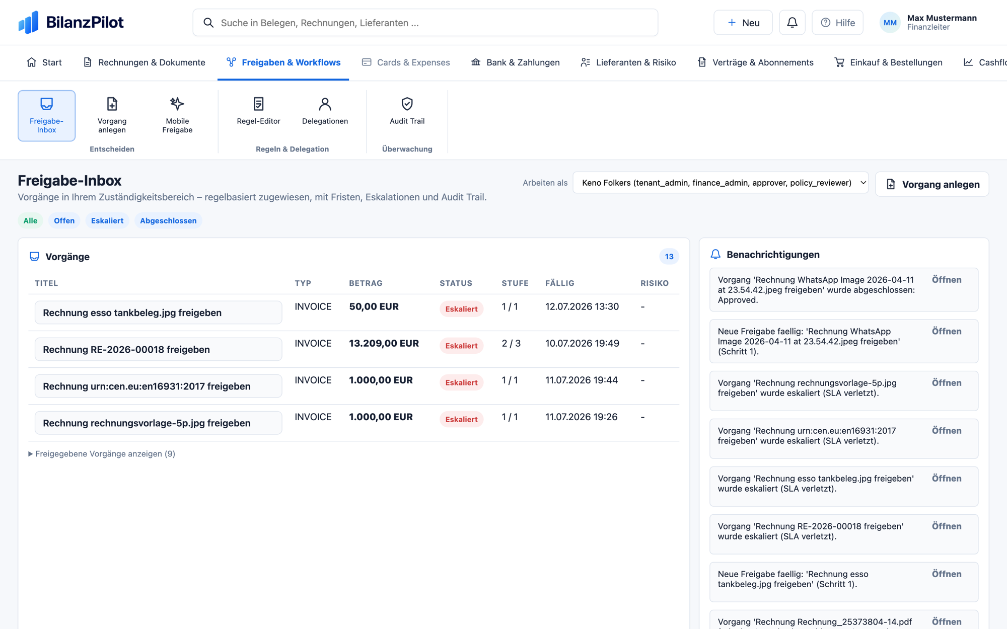 Freigabe-Inbox mit Vorgängen, Fristen und Eskalationen