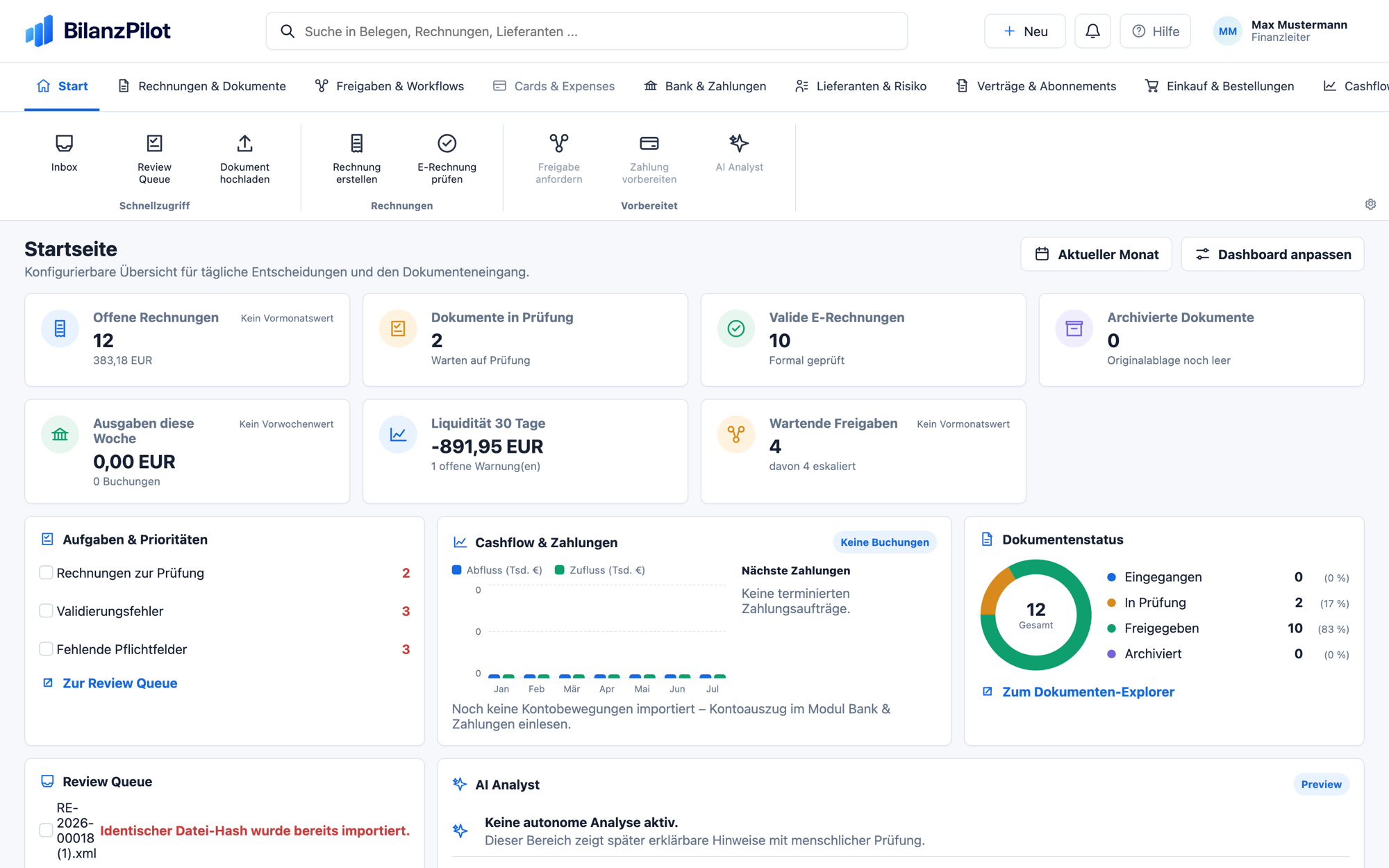 BilanzPilot Dashboard mit offenen Rechnungen, Liquidität und Freigaben