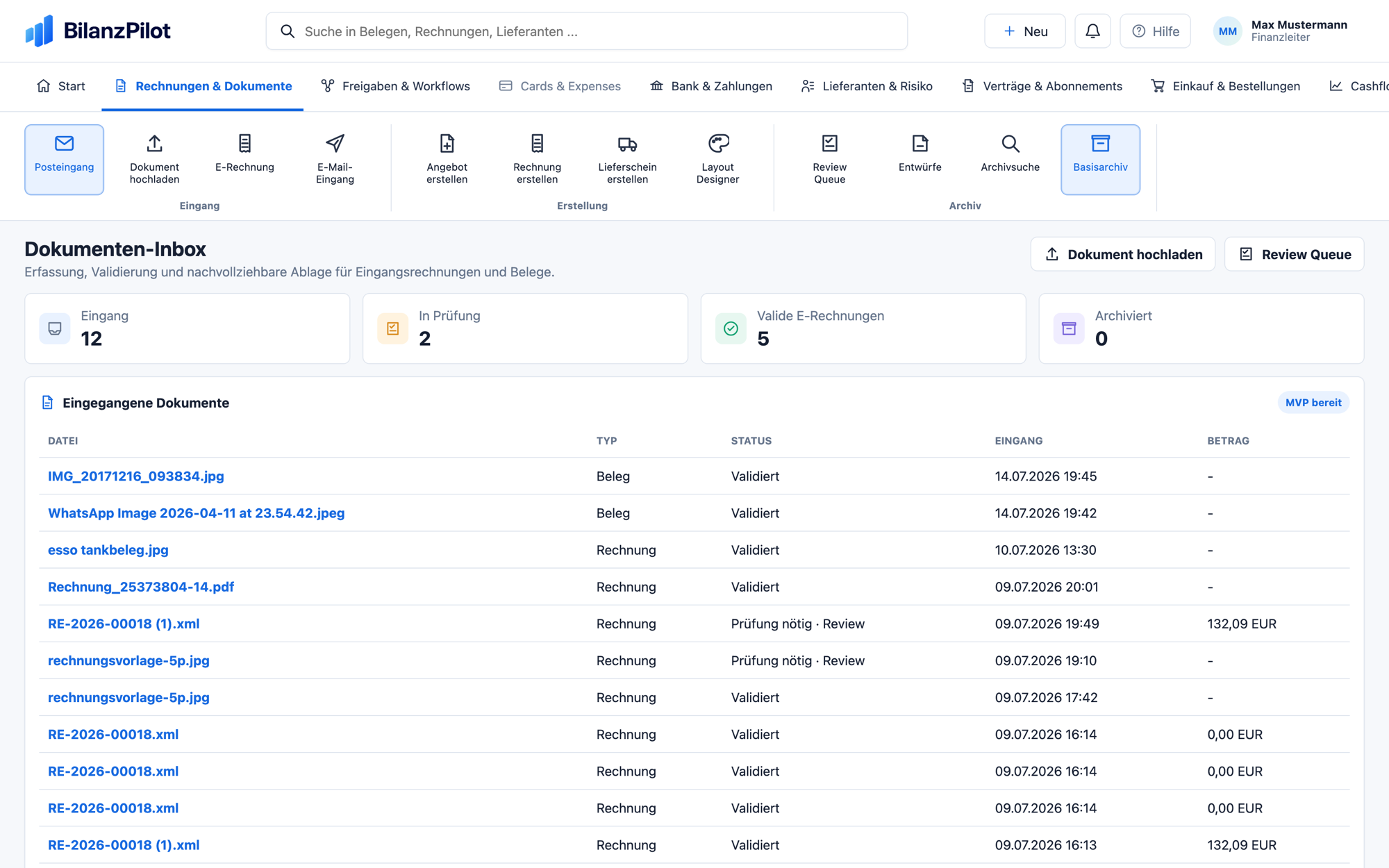 Dokumenten-Inbox mit validierten Eingangsrechnungen
